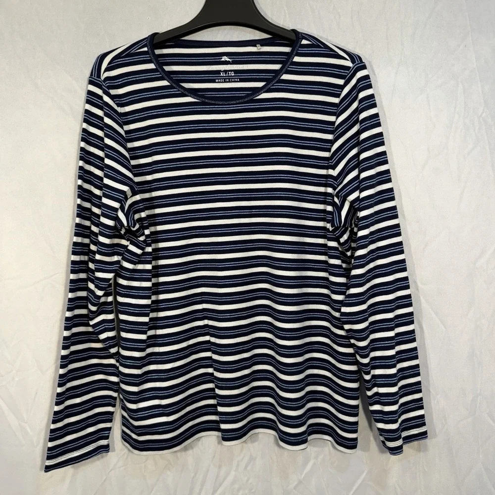 Tommy Bahama Women's Long Sleeve Shirt Round Neck Blue Gold Trimmed XL Stretch‎